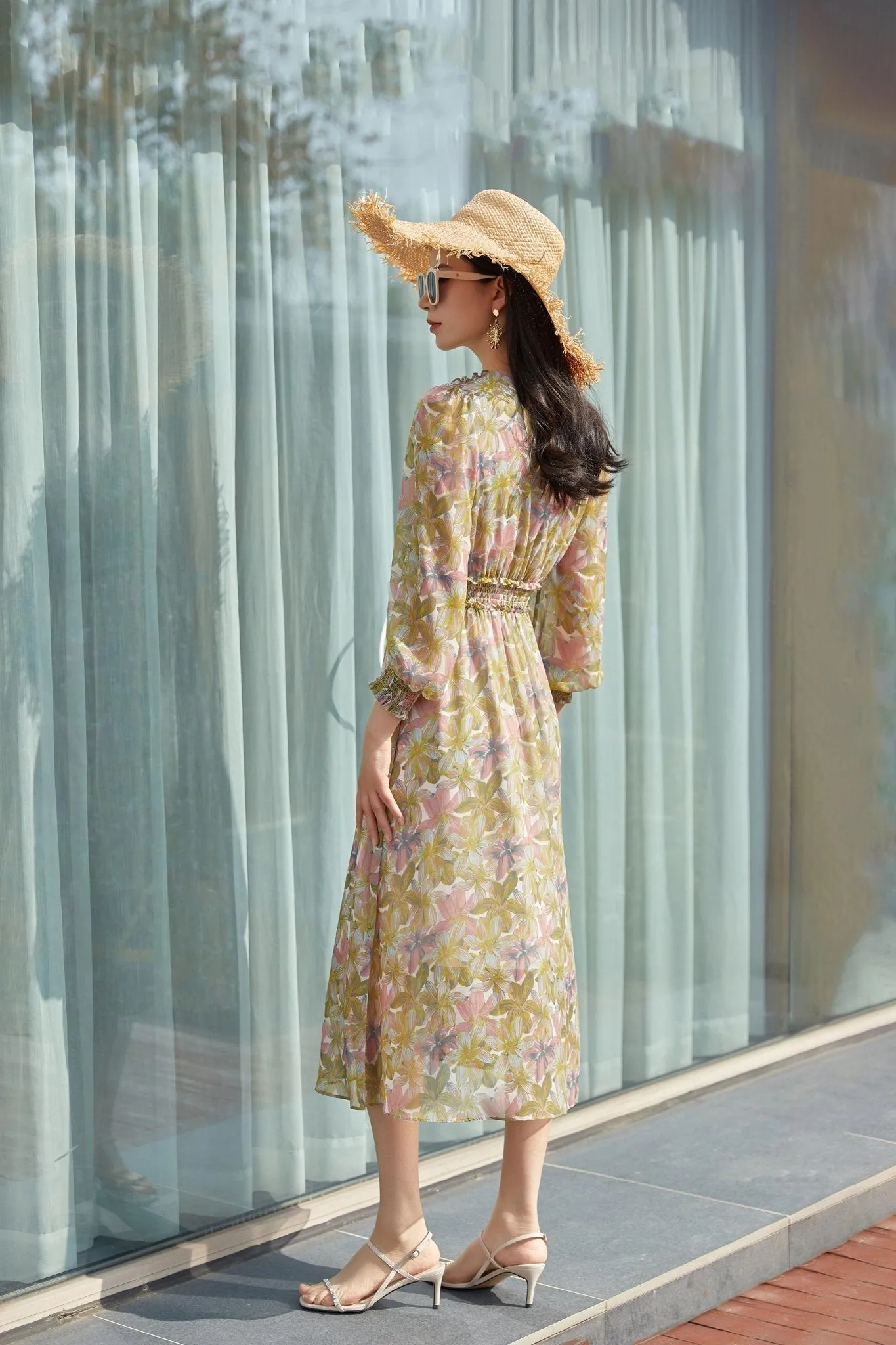 Floral High Waist Maxi Dress Long Sleeve