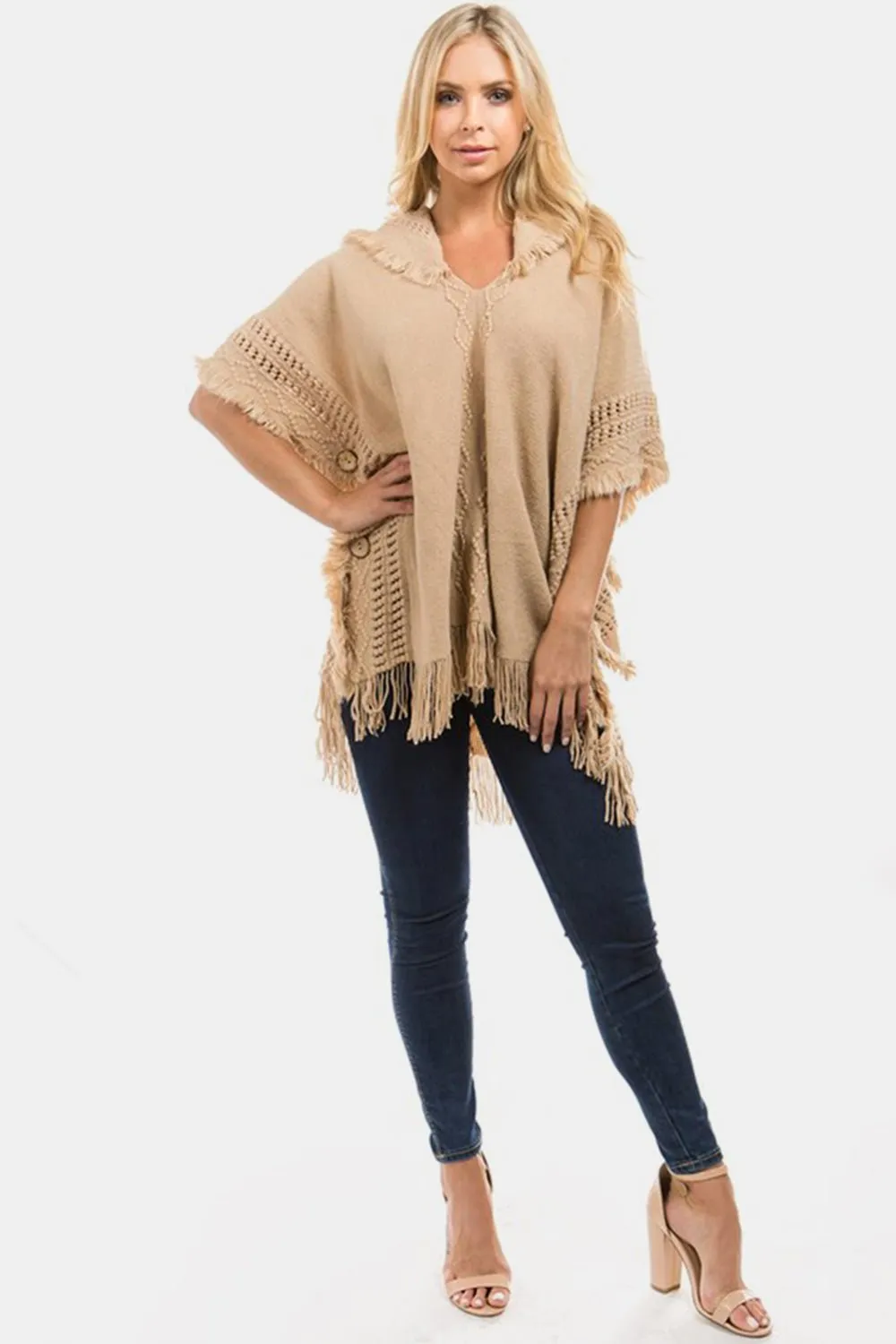 Fringed Crochet Buttoned Hooded Poncho