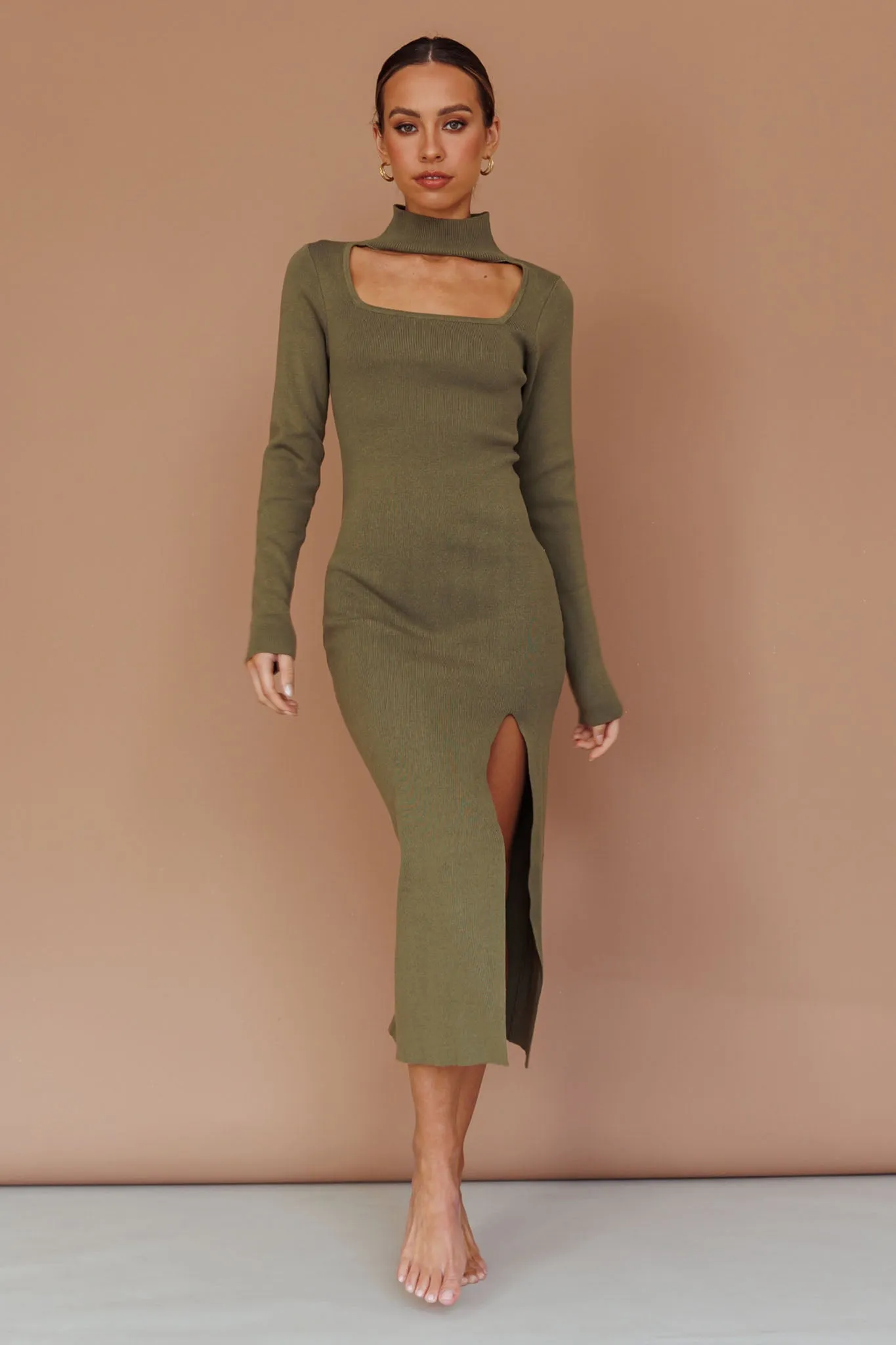 Get Acquainted Cut-Out Bust Midi Dress Olive