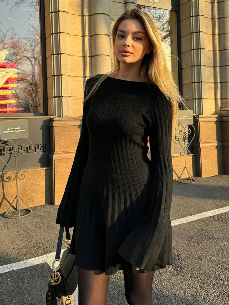 Girlary Knit Dress Long Sleeve Flare Sleeve Casual Ribbed Knit Long Dress  A-Line Party Dress Solid Loose Pleats Hem Basic