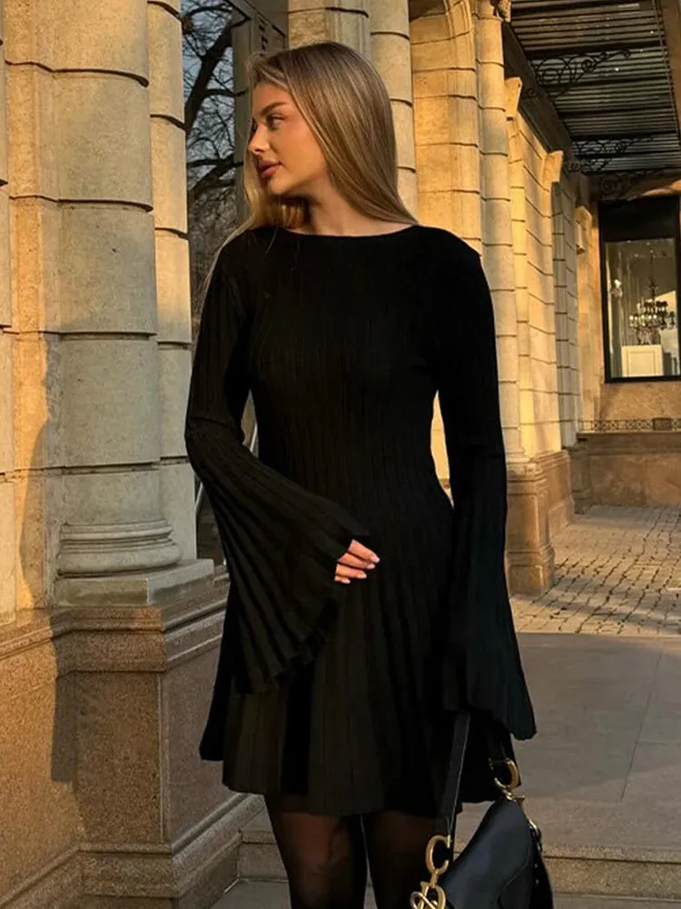 Girlary Knit Dress Long Sleeve Flare Sleeve Casual Ribbed Knit Long Dress  A-Line Party Dress Solid Loose Pleats Hem Basic