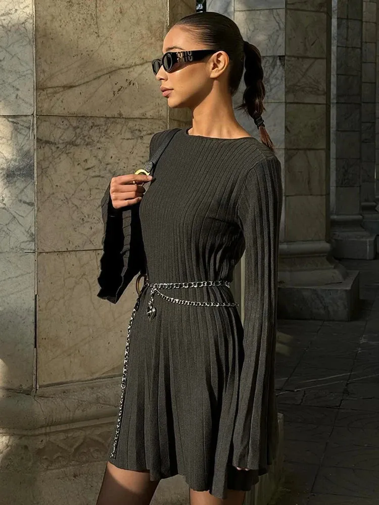 Girlary Knit Dress Long Sleeve Flare Sleeve Casual Ribbed Knit Long Dress  A-Line Party Dress Solid Loose Pleats Hem Basic