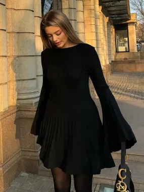 Girlary Knit Dress Long Sleeve Flare Sleeve Casual Ribbed Knit Long Dress  A-Line Party Dress Solid Loose Pleats Hem Basic