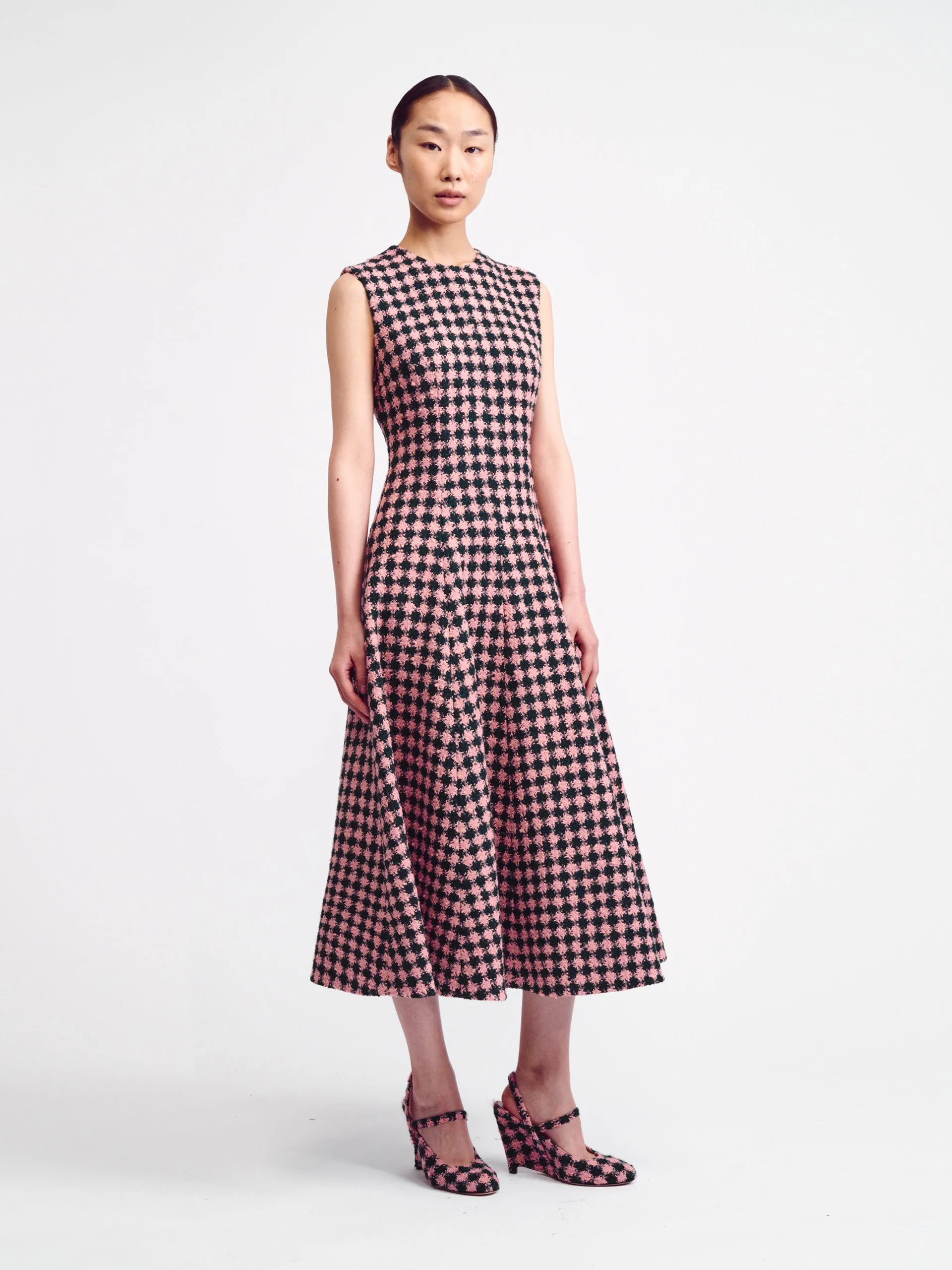 Green and pink houndstooth boucle Mara dress