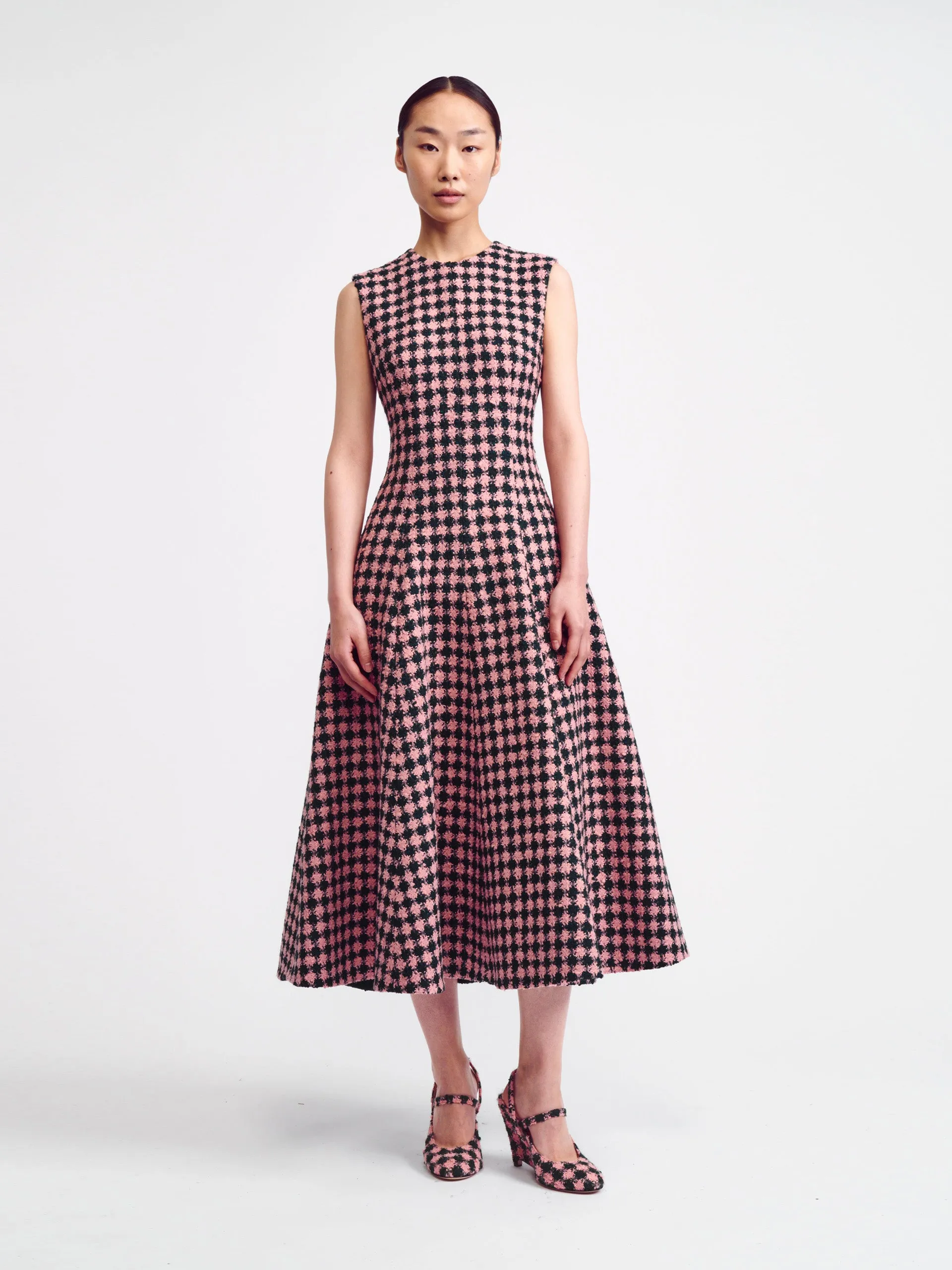 Green and pink houndstooth boucle Mara dress