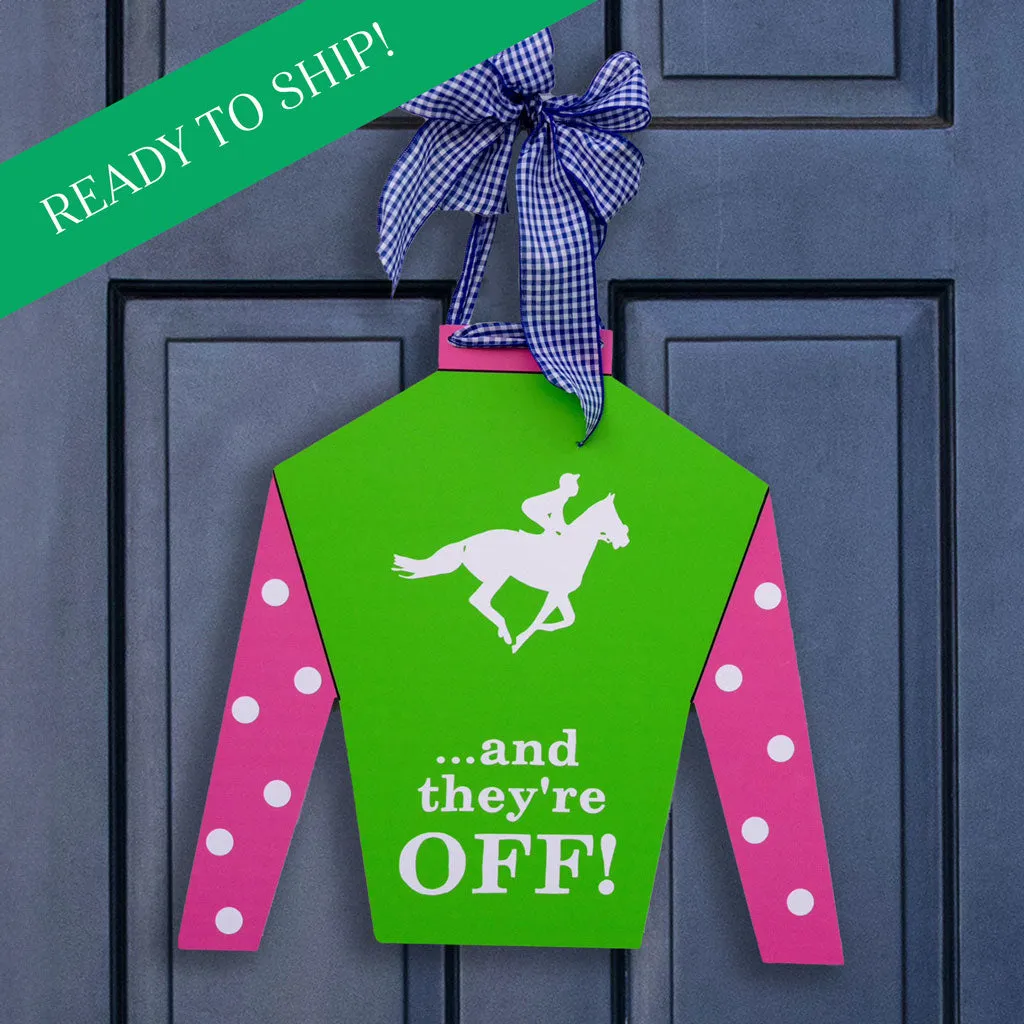 Green "And They're Off!" Jockey Silk Door Hanger