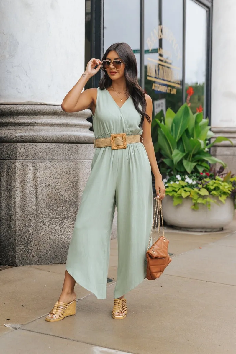 Green Surplice V Neck Belted Jumpsuit - FINAL SALE