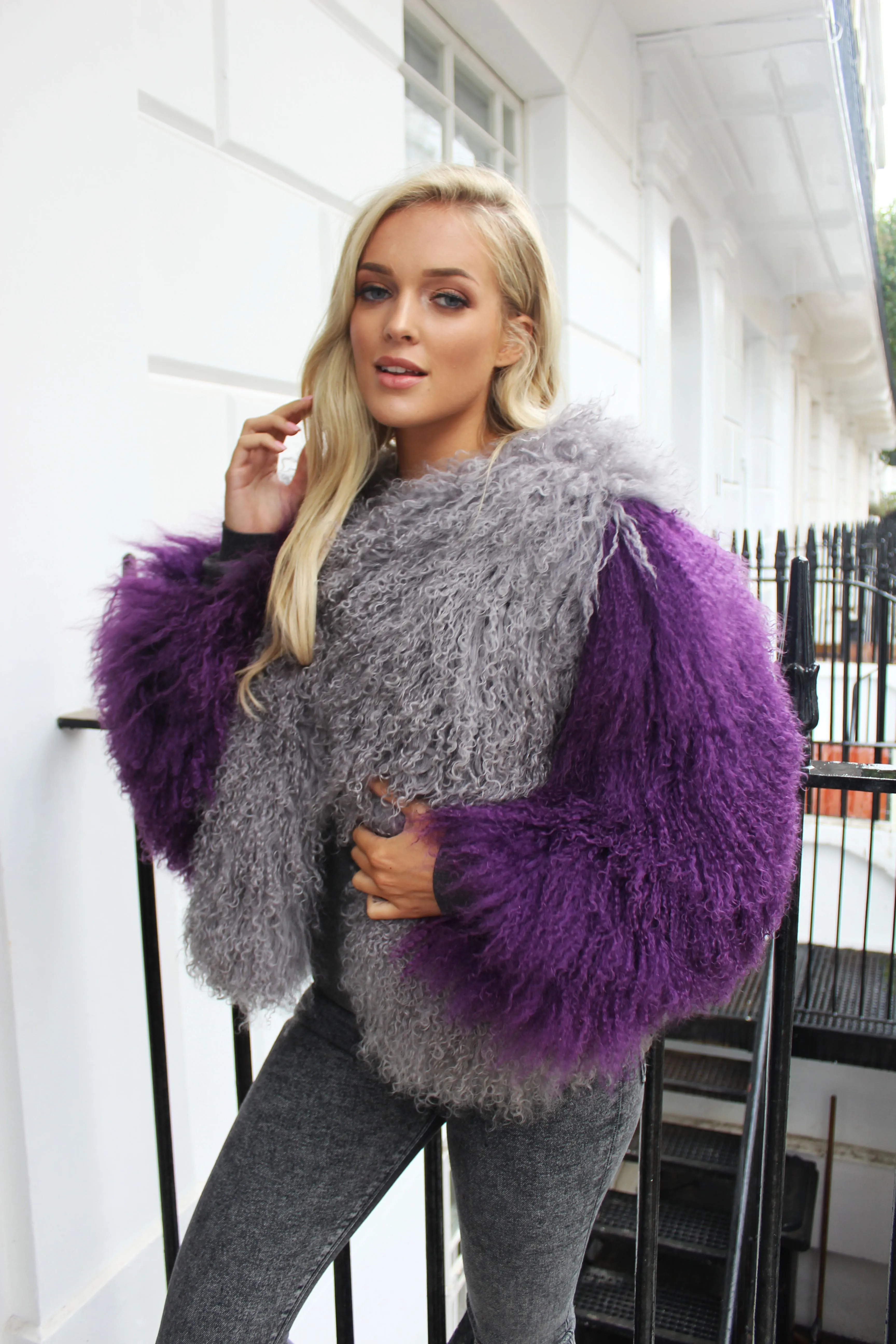 Grey & Purple Mongolian Fur Coat