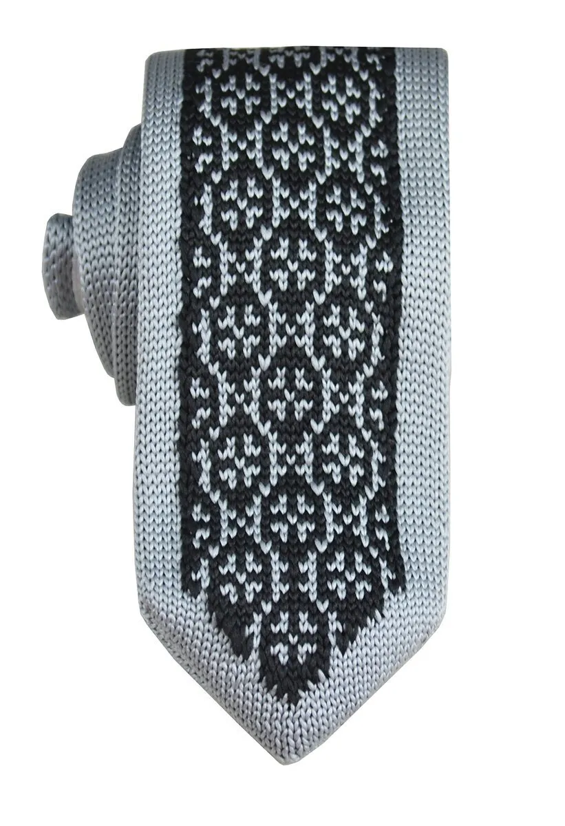 Grey and Black Patterned Knit Tie by Paul Malone