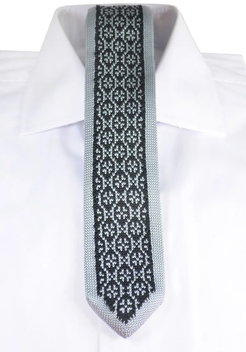 Grey and Black Patterned Knit Tie by Paul Malone