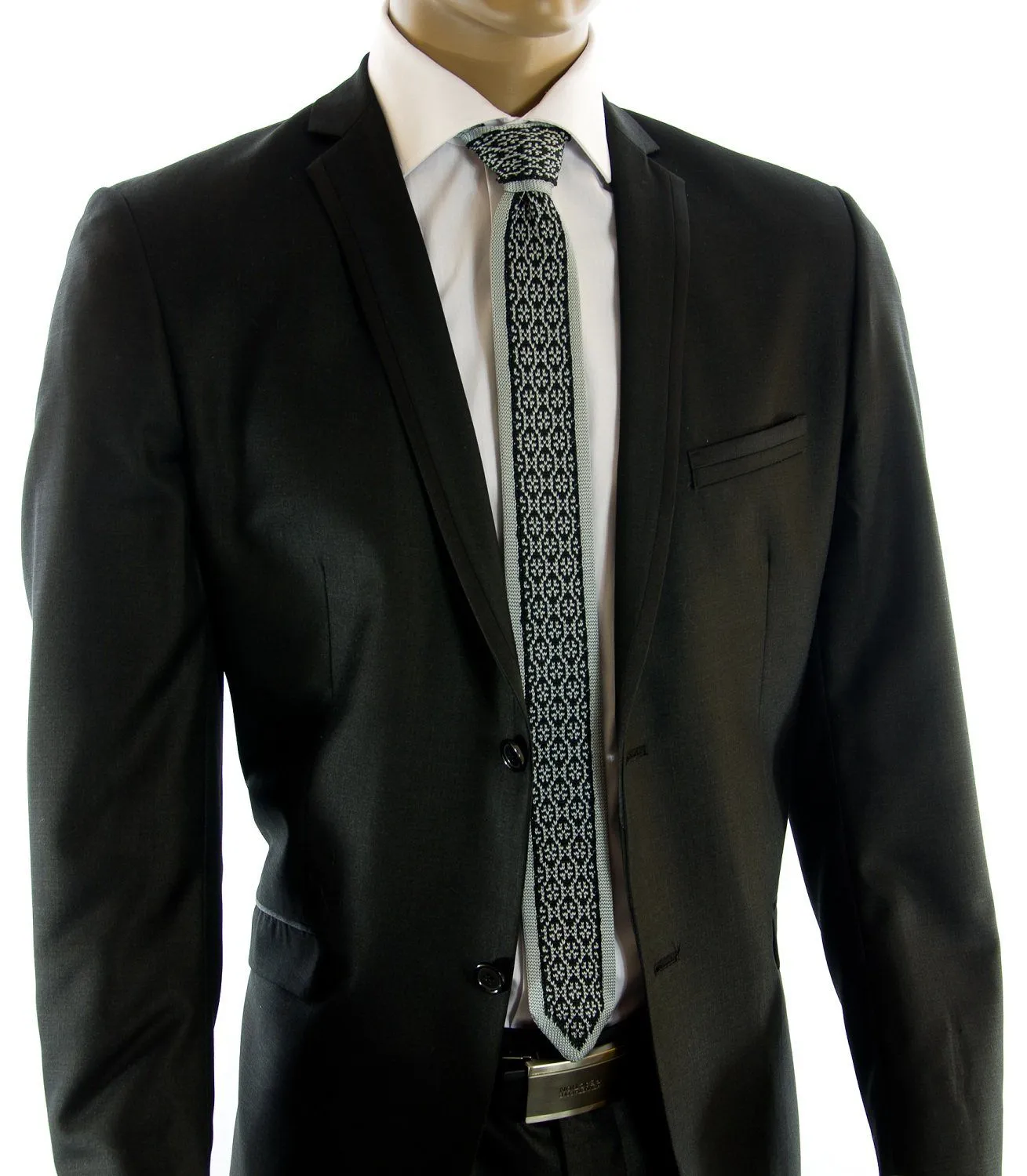 Grey and Black Patterned Knit Tie by Paul Malone