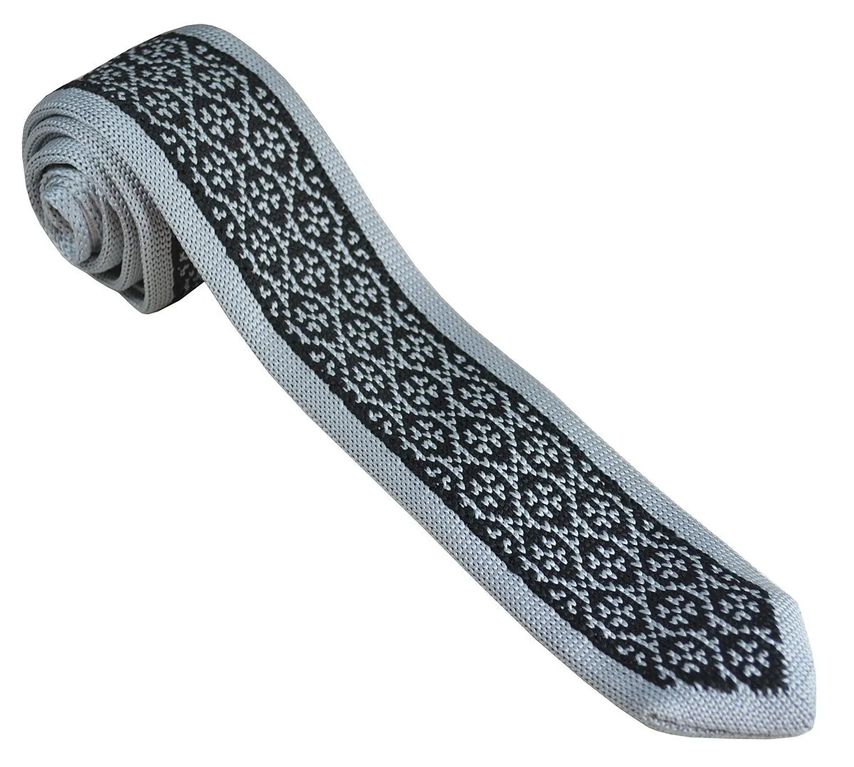 Grey and Black Patterned Knit Tie by Paul Malone