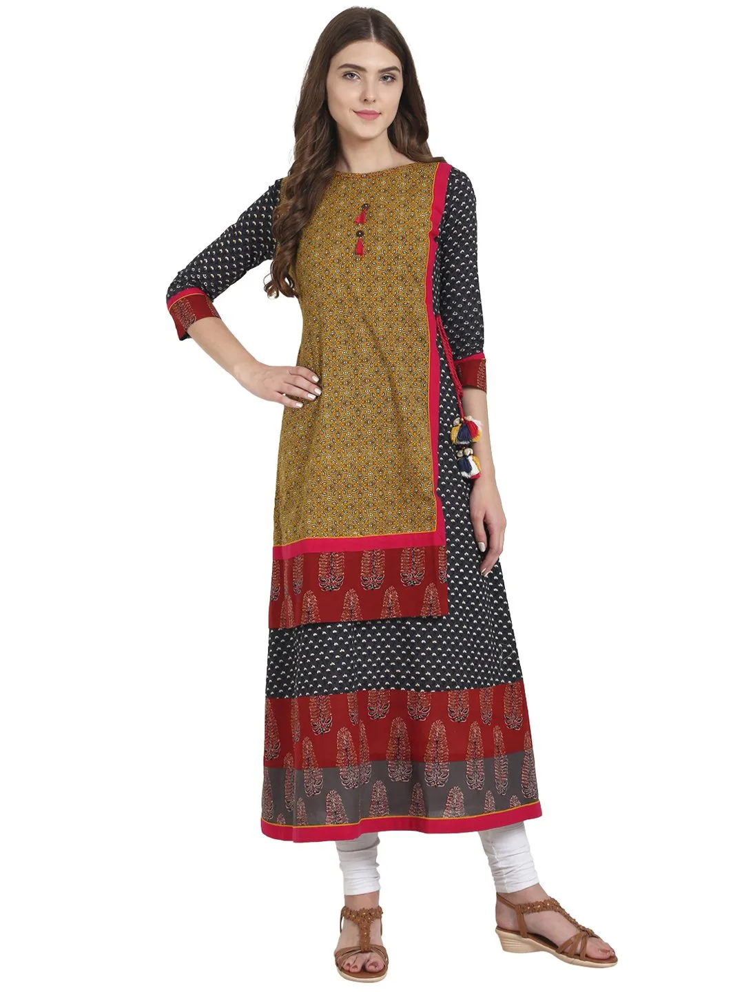 Grey Cotton A-Line Kurta With Yellow Printed Layer