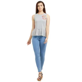 Grey Sleeveless Embroidered Top