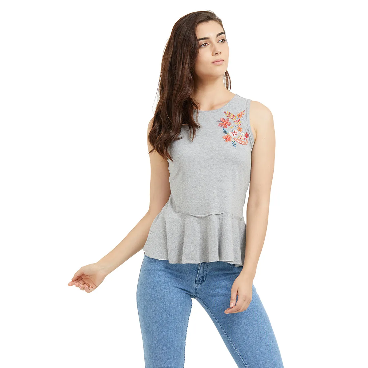 Grey Sleeveless Embroidered Top