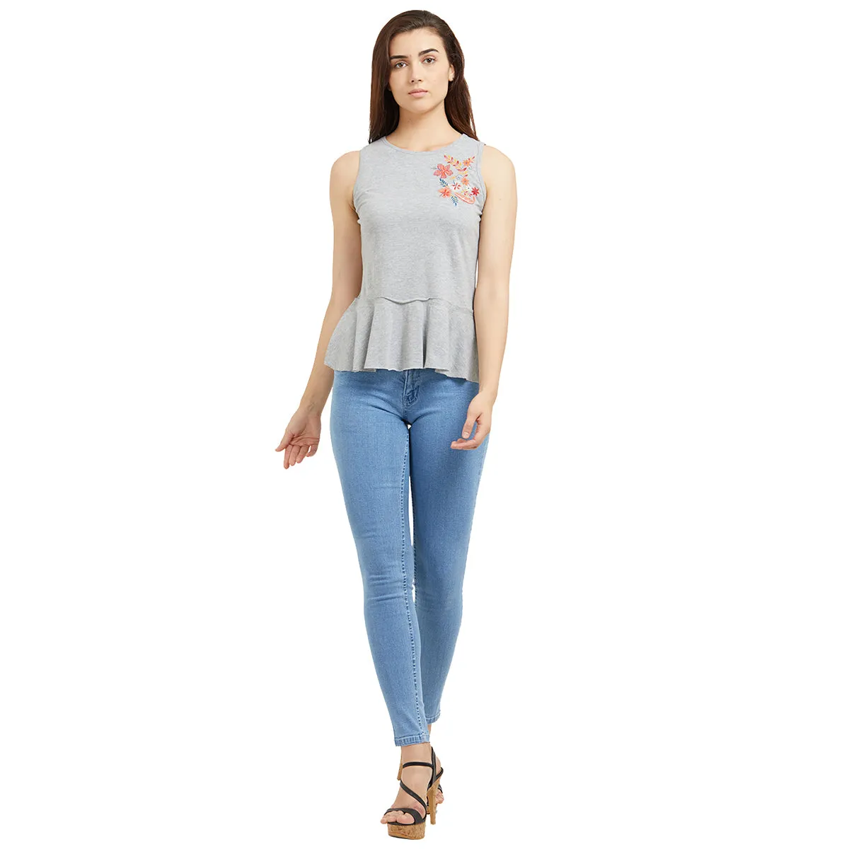 Grey Sleeveless Embroidered Top