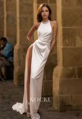 Halter Neck Sheath High Slit Sleeveless Sweep Train Pleats Wedding Dress with Beads Bridal Gown