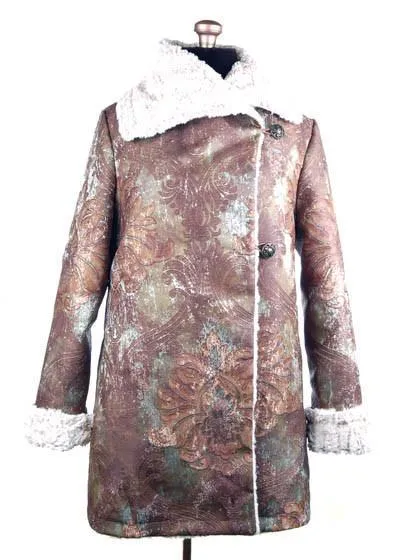 Hepburn Swing Coat, Reversible less pockets - Renaissance in Everglade Upholstery with Luxury Faux Fur in Porcelain (Only One Medium Left!)