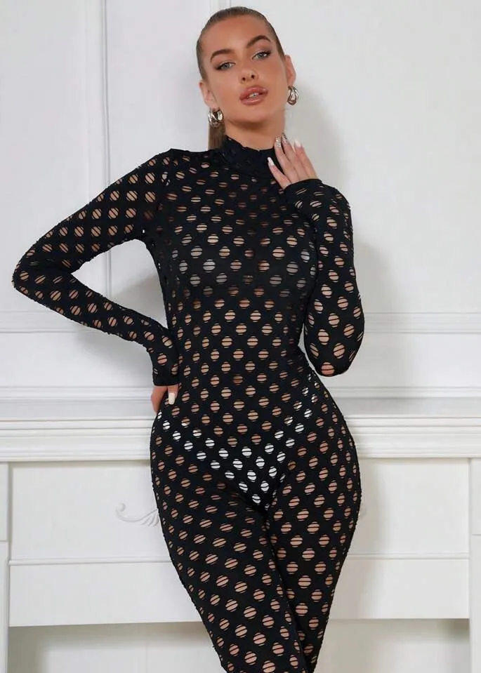 Hollow Out Long Sleeved Unitard Jumpsuit