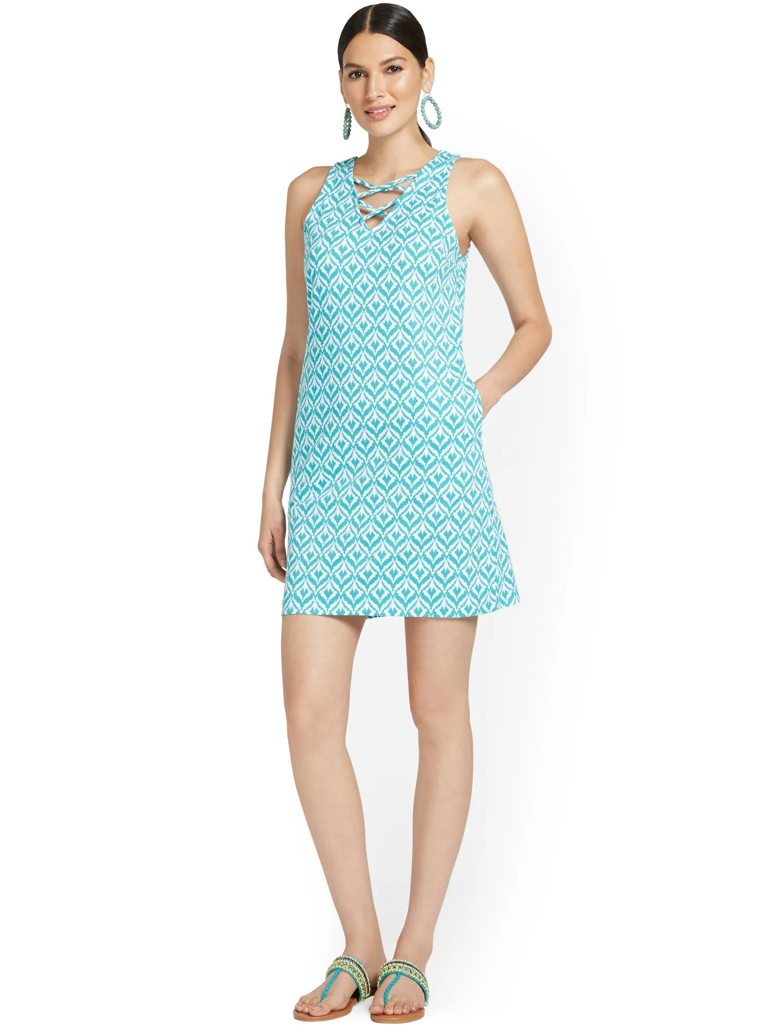 Ikat-Print Lattice Cotton Shift Dress - City Knits