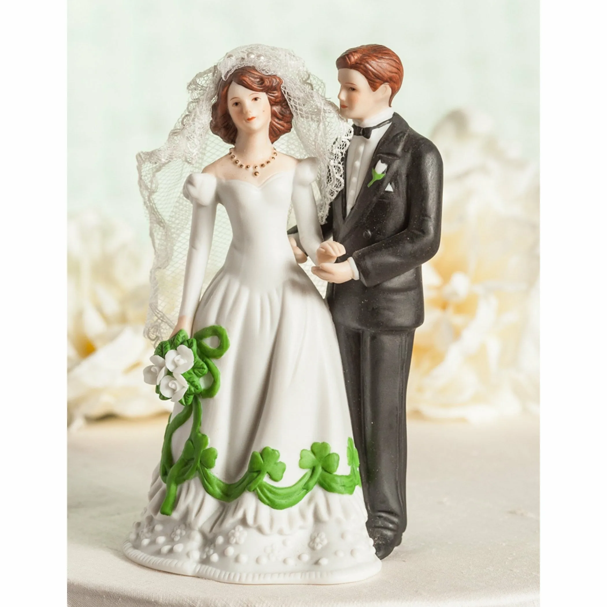 Irish Bride and Groom Shamrock Accent Wedding Cake Topper Figurine