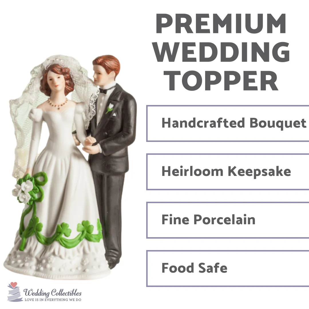 Irish Bride and Groom Shamrock Accent Wedding Cake Topper Figurine