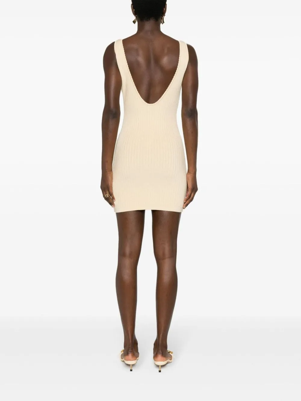 JACQUEMUS Ivory Ribbed Knit Thigh-Length Dress with Scalloped Detailing and Cut-Outs