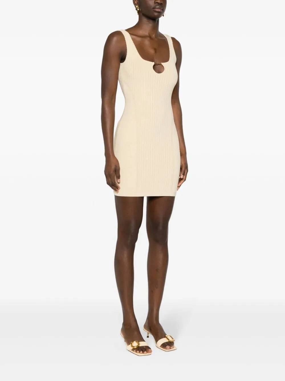 JACQUEMUS Ivory Ribbed Knit Thigh-Length Dress with Scalloped Detailing and Cut-Outs