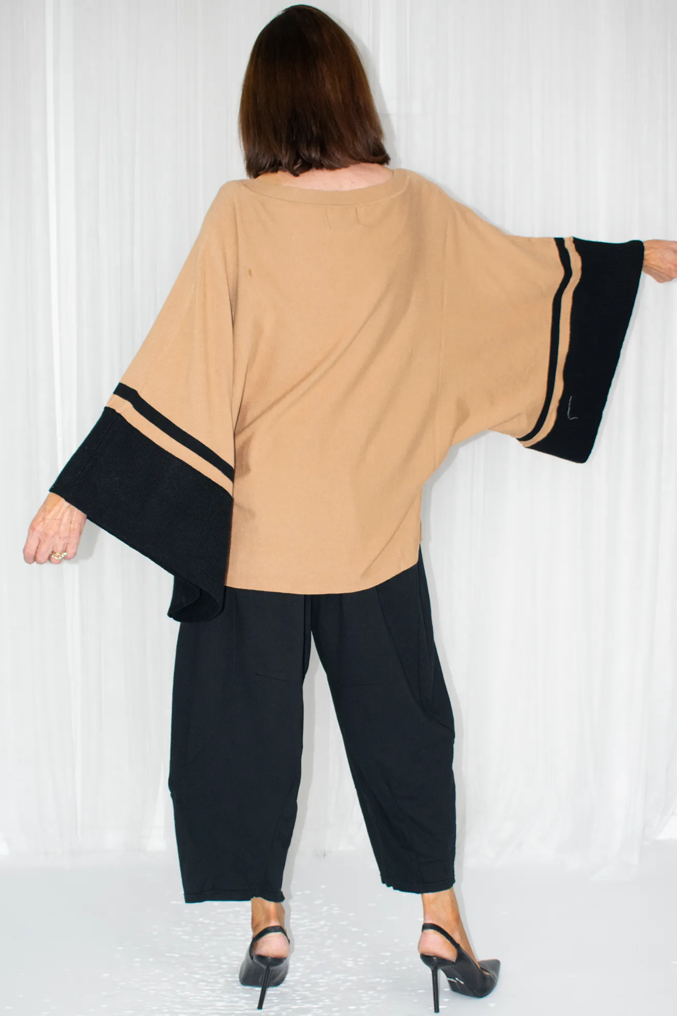 Jacqui-Ann Wide sleeve jumper with block stripe in Camel