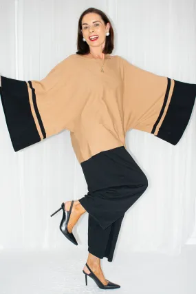 Jacqui-Ann Wide sleeve jumper with block stripe in Camel