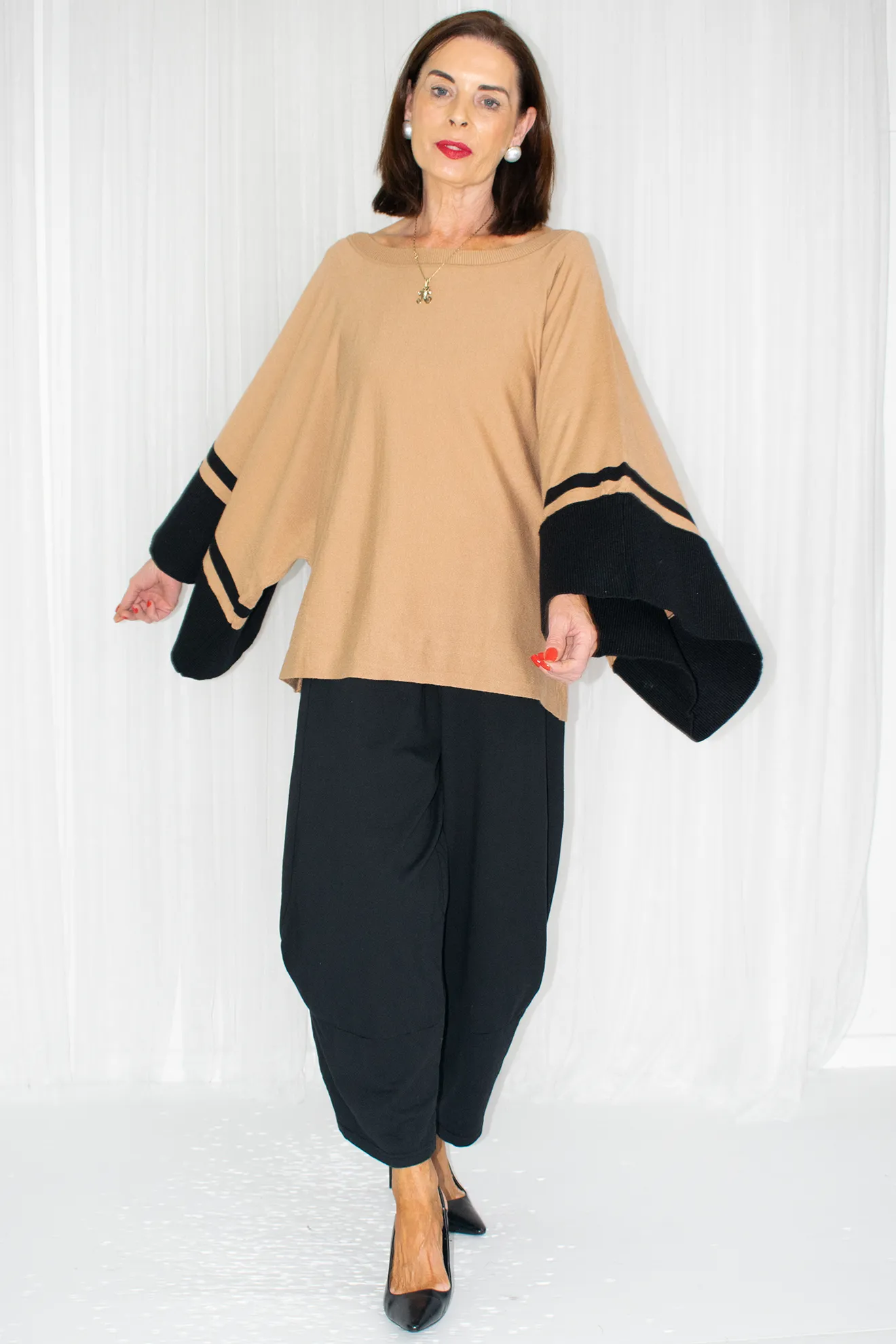 Jacqui-Ann Wide sleeve jumper with block stripe in Camel