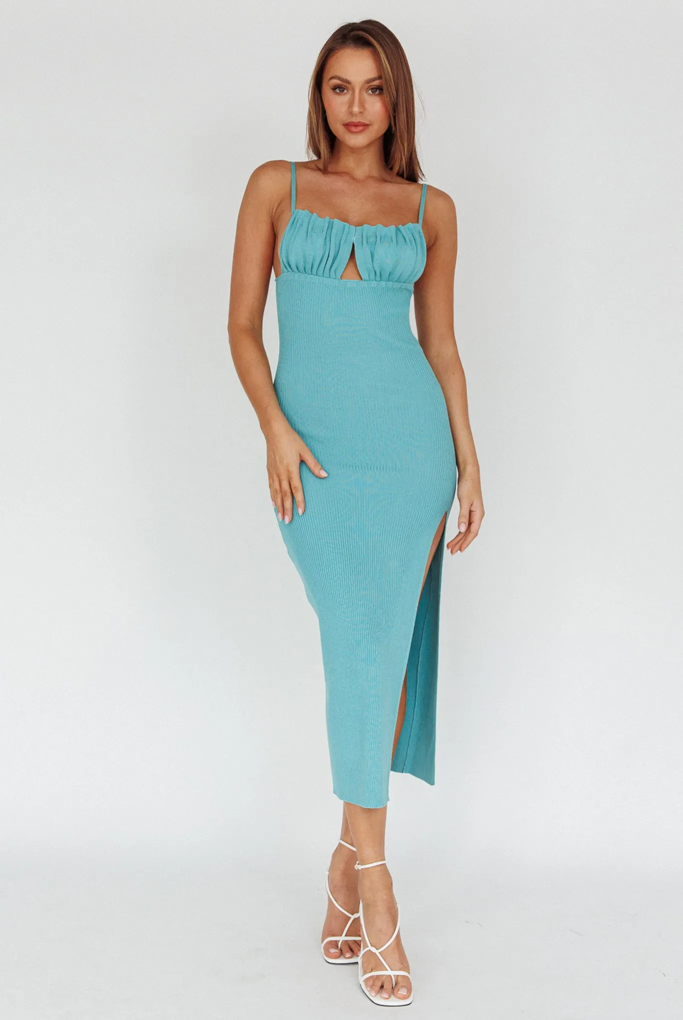 Jelina Gathered Bust Knit Midi Dress Teal