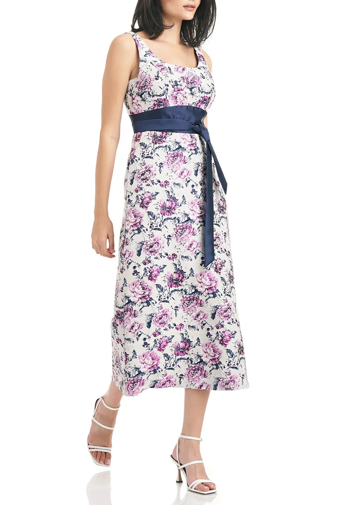 Kay Unger Square Neck Sleeveless Tie Waist Zipper Back Floral Jacquard Dress