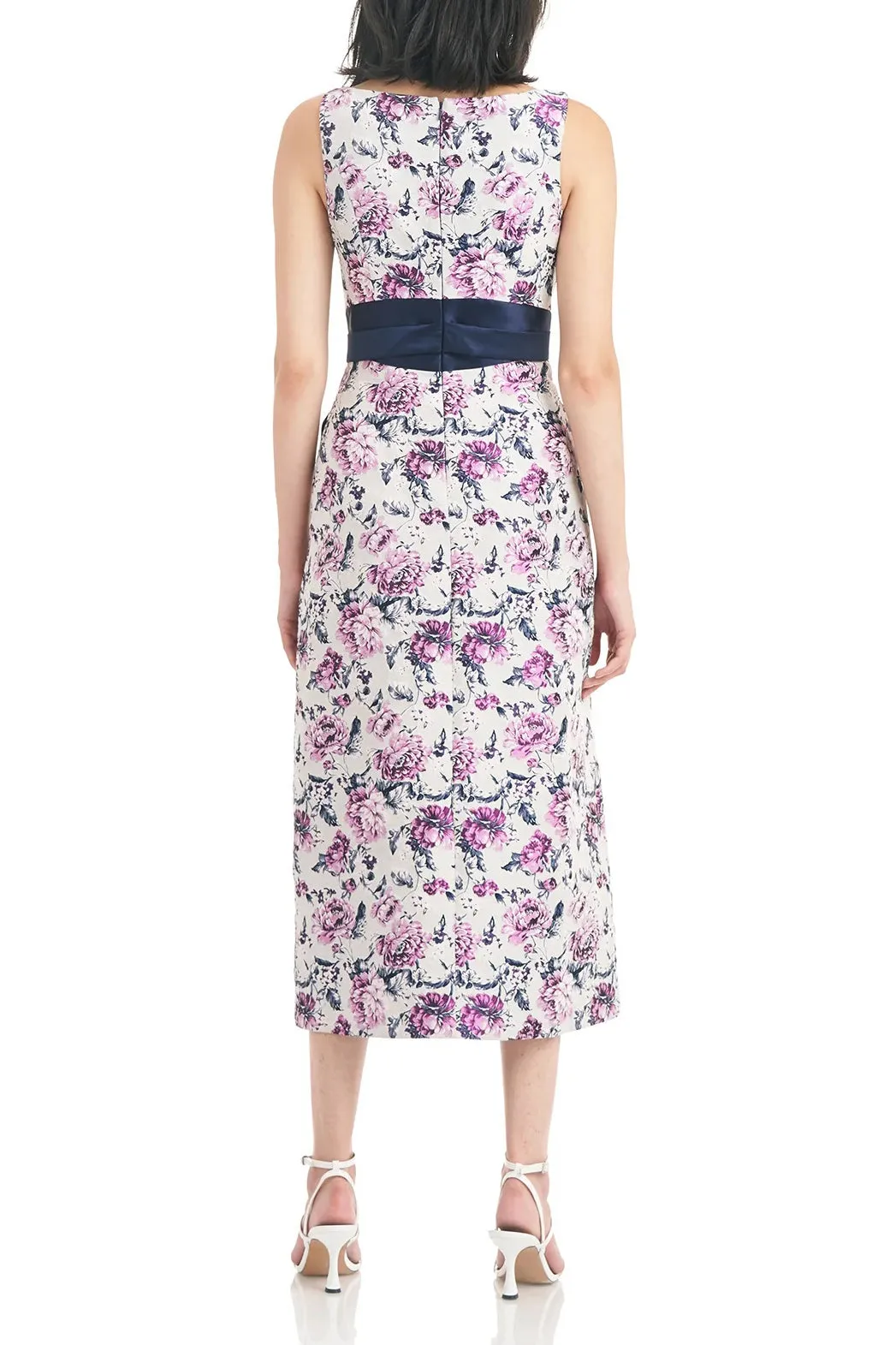 Kay Unger Square Neck Sleeveless Tie Waist Zipper Back Floral Jacquard Dress