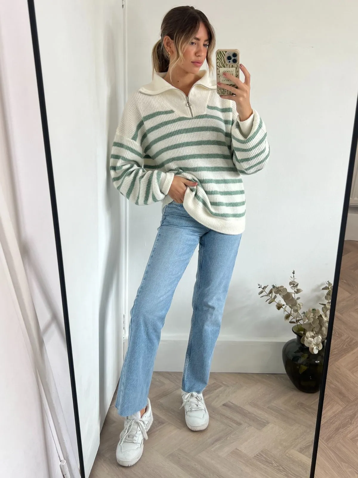 Kianna Stripe Quater Zip Knitted Jumper / Sage