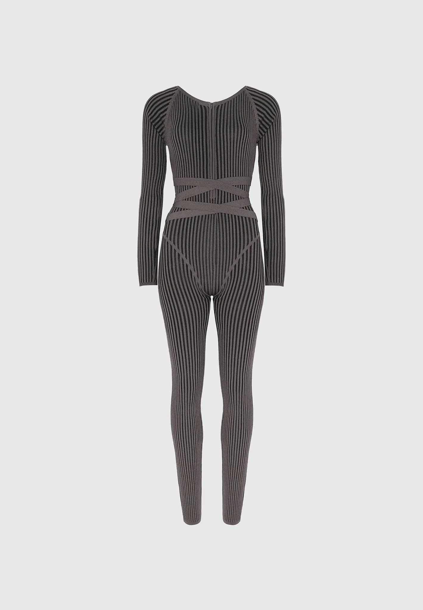 Knitted Two Tone Jumpsuit with Belt - Grey/Black