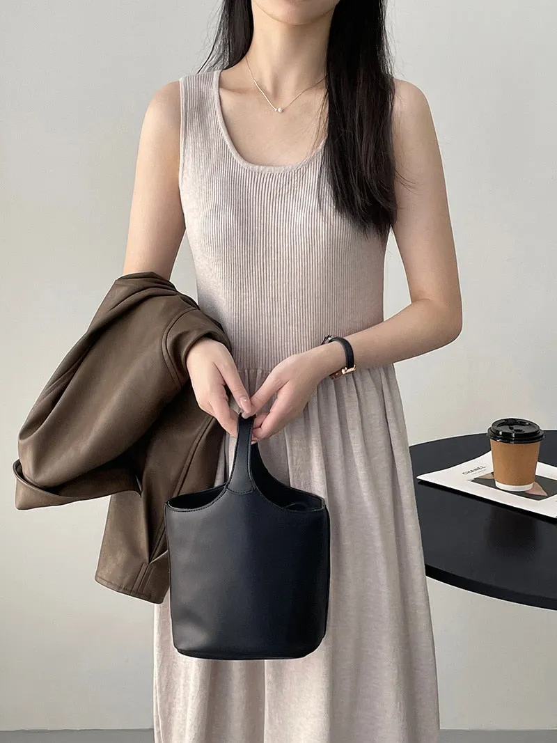 [Korean Style]  U-Neck Solid Color Elastic Midi Knit Dress