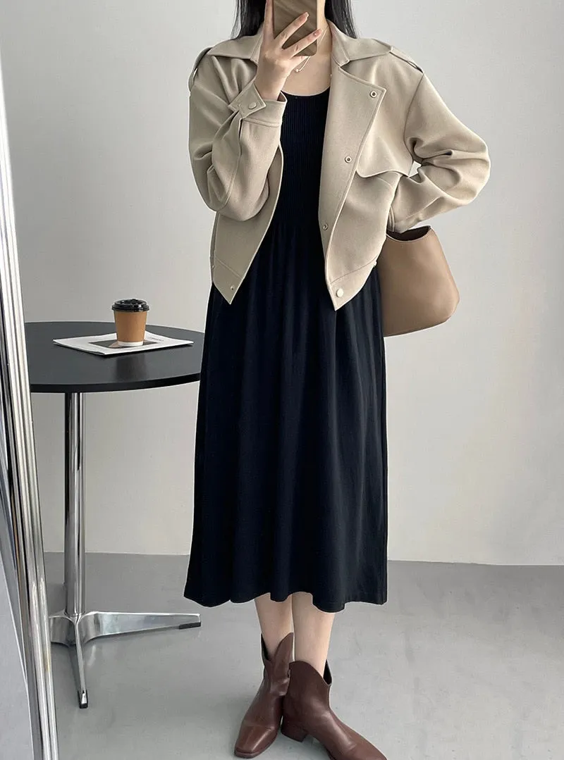 [Korean Style]  U-Neck Solid Color Elastic Midi Knit Dress