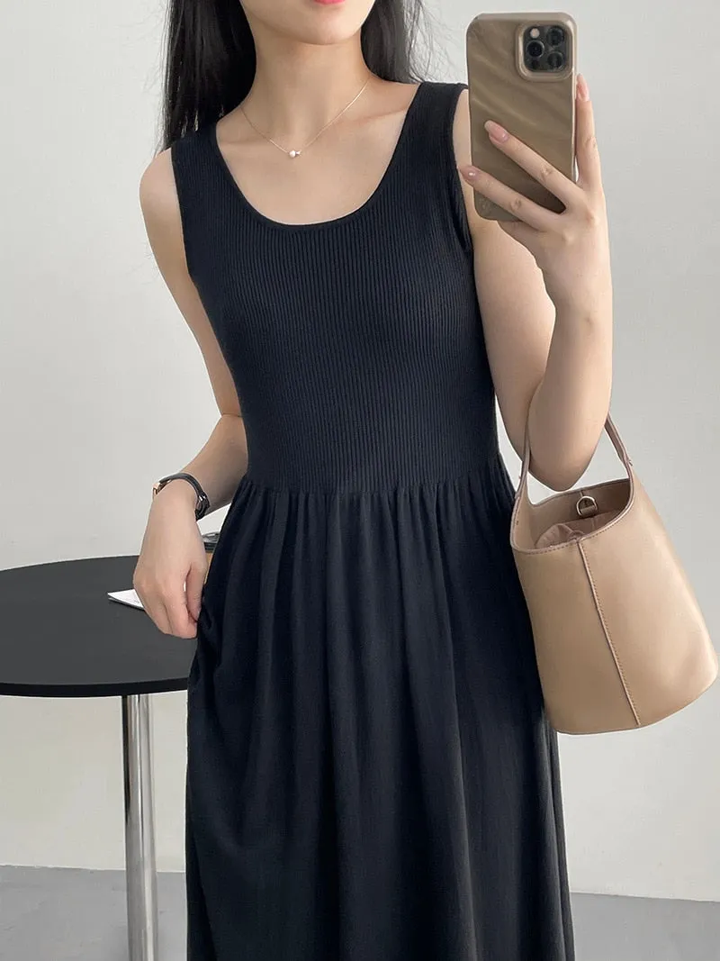 [Korean Style]  U-Neck Solid Color Elastic Midi Knit Dress