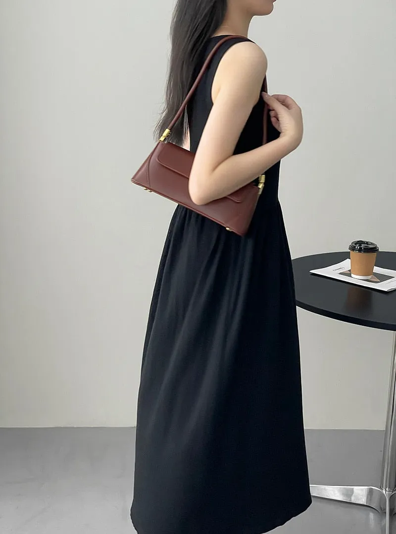 [Korean Style]  U-Neck Solid Color Elastic Midi Knit Dress