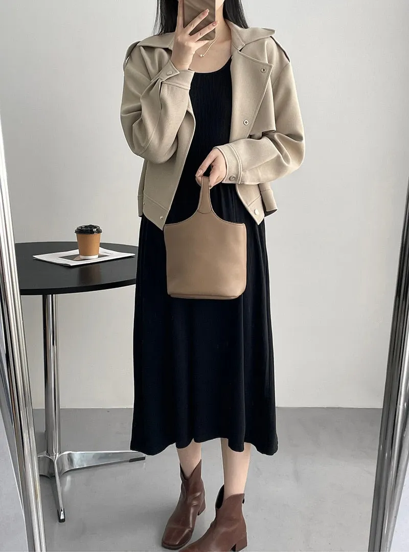 [Korean Style]  U-Neck Solid Color Elastic Midi Knit Dress