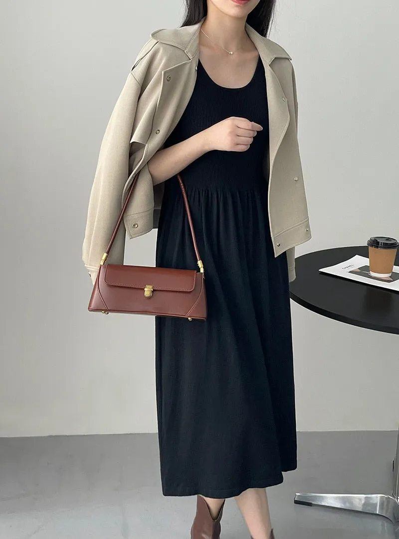 [Korean Style]  U-Neck Solid Color Elastic Midi Knit Dress