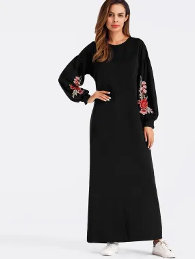 Lantern sleeve Rose Applique Full Length Dress