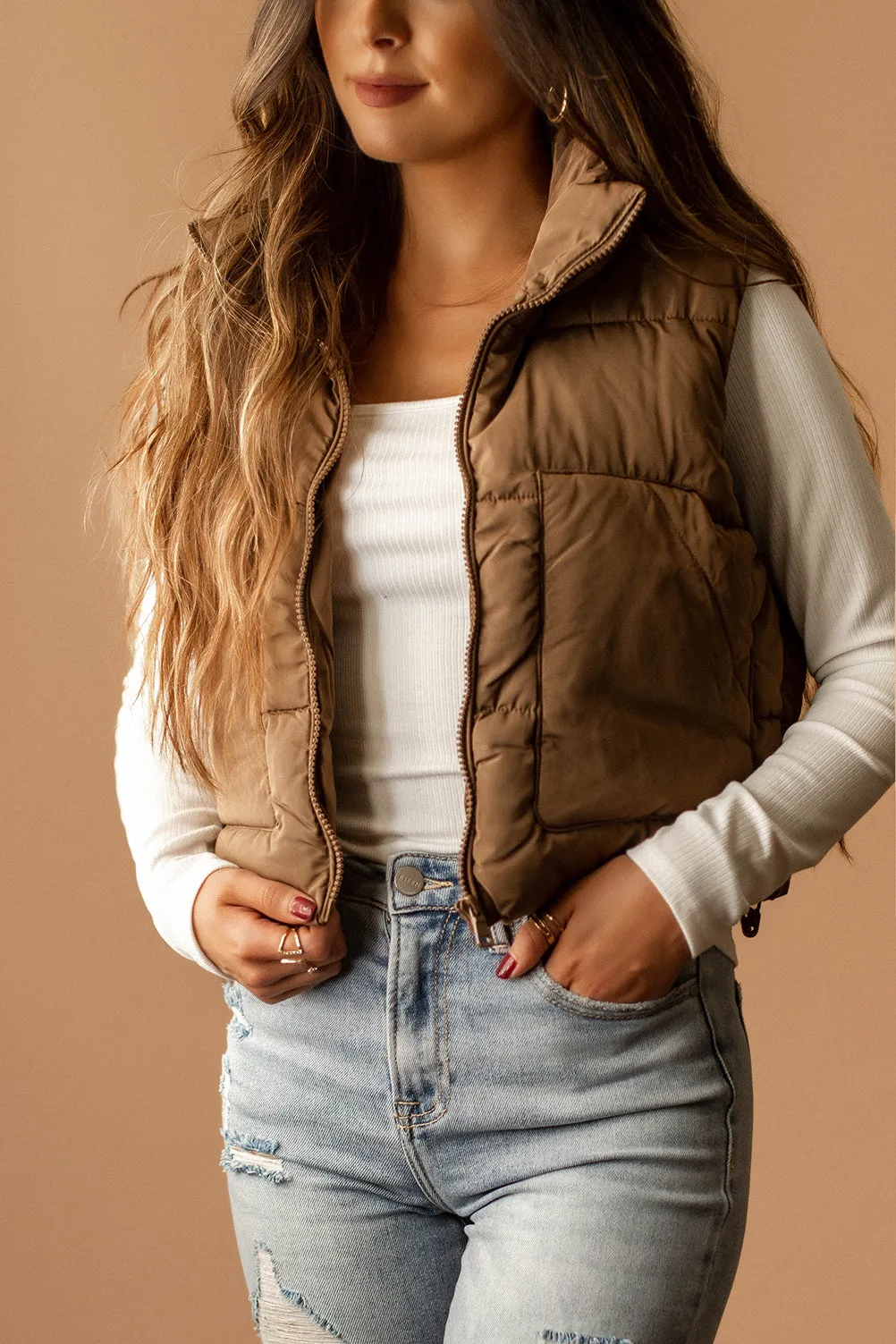 Last To Know Cropped Puffer Vest (Cocoa) | SIZE LARGE FINAL SALE