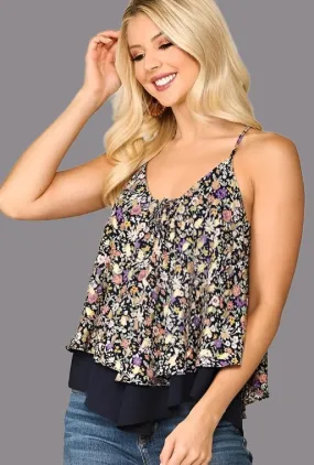 Layer Cami Flower Racer Top - Navy