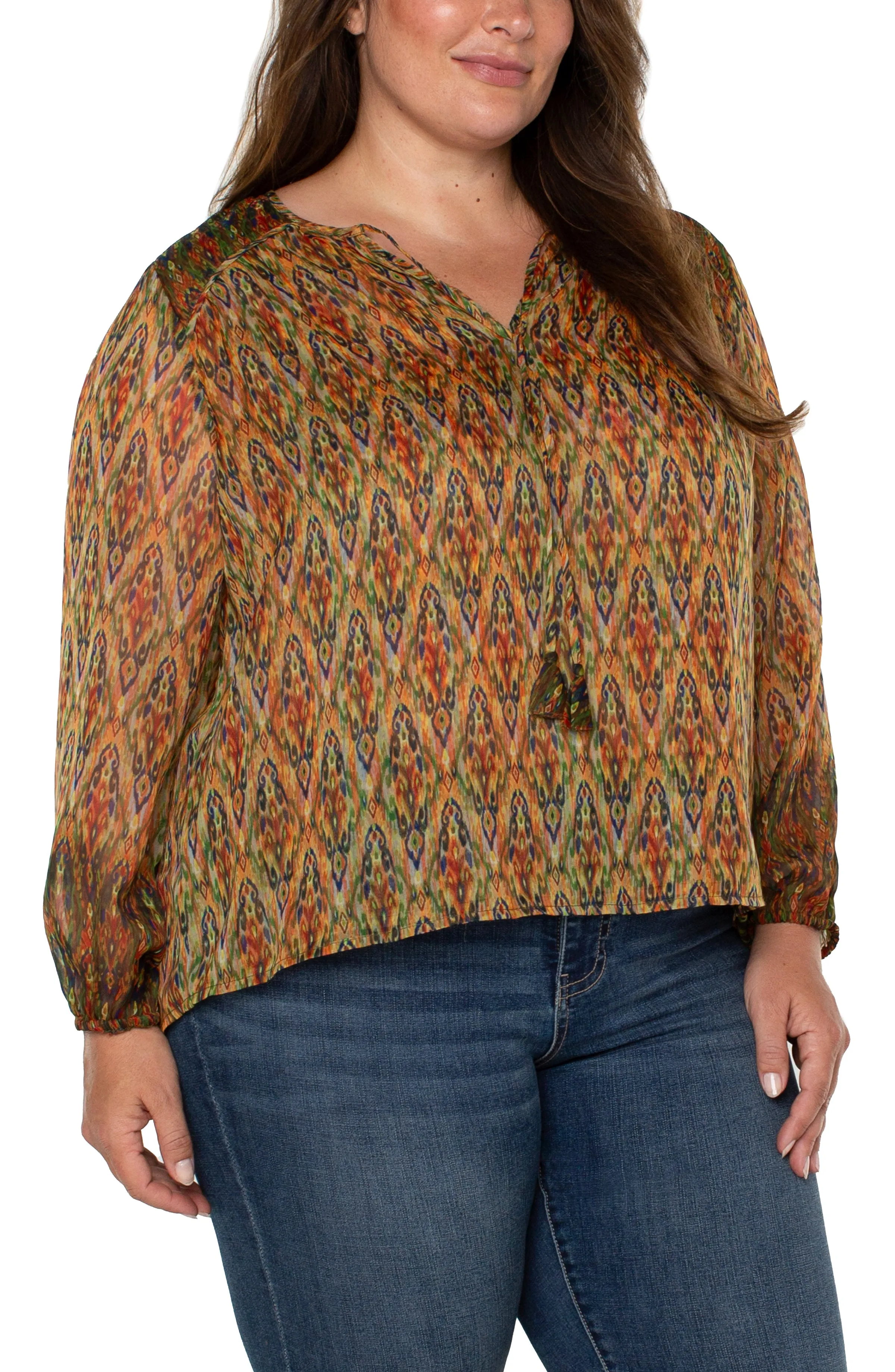 Liverpool Plus Size Long Sleeve Double Layer Tie Front Woven Blouse