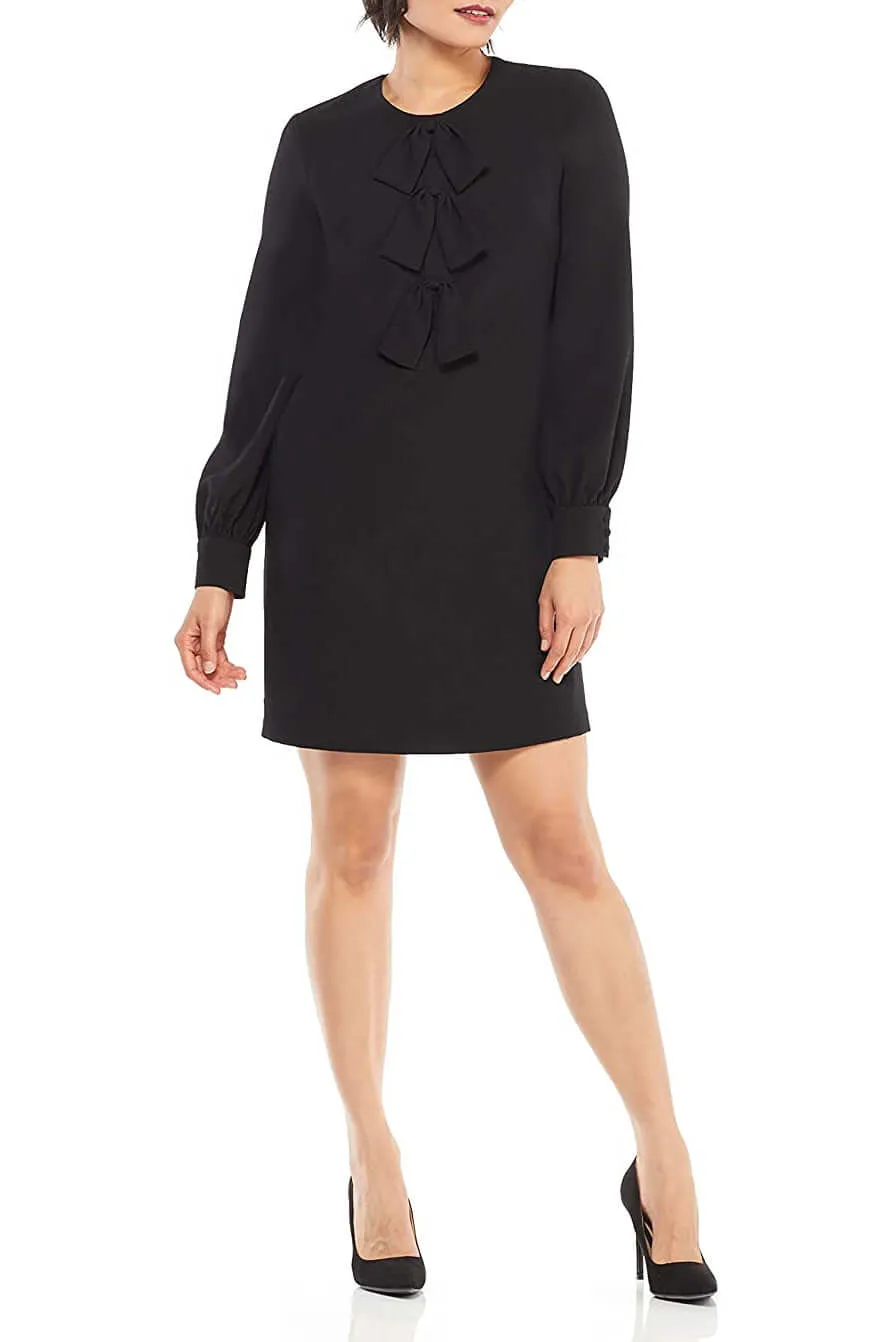 London Times Crew Neck Tie Front Detail Long Sleeve Zipper Back Solid Crepe Dress