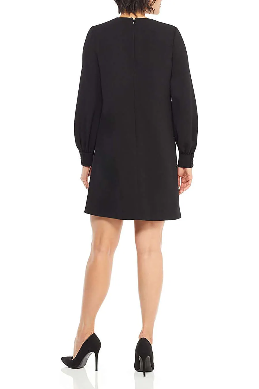 London Times Crew Neck Tie Front Detail Long Sleeve Zipper Back Solid Crepe Dress