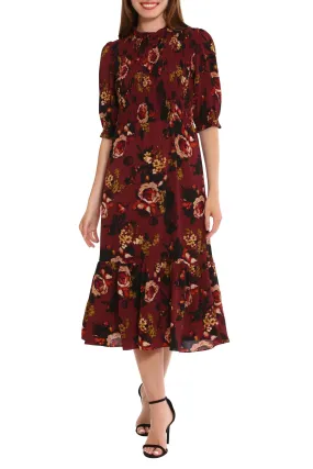 London Times mock neck elbow sleeve smocked bodice zipper closure printed bubble crepe dress