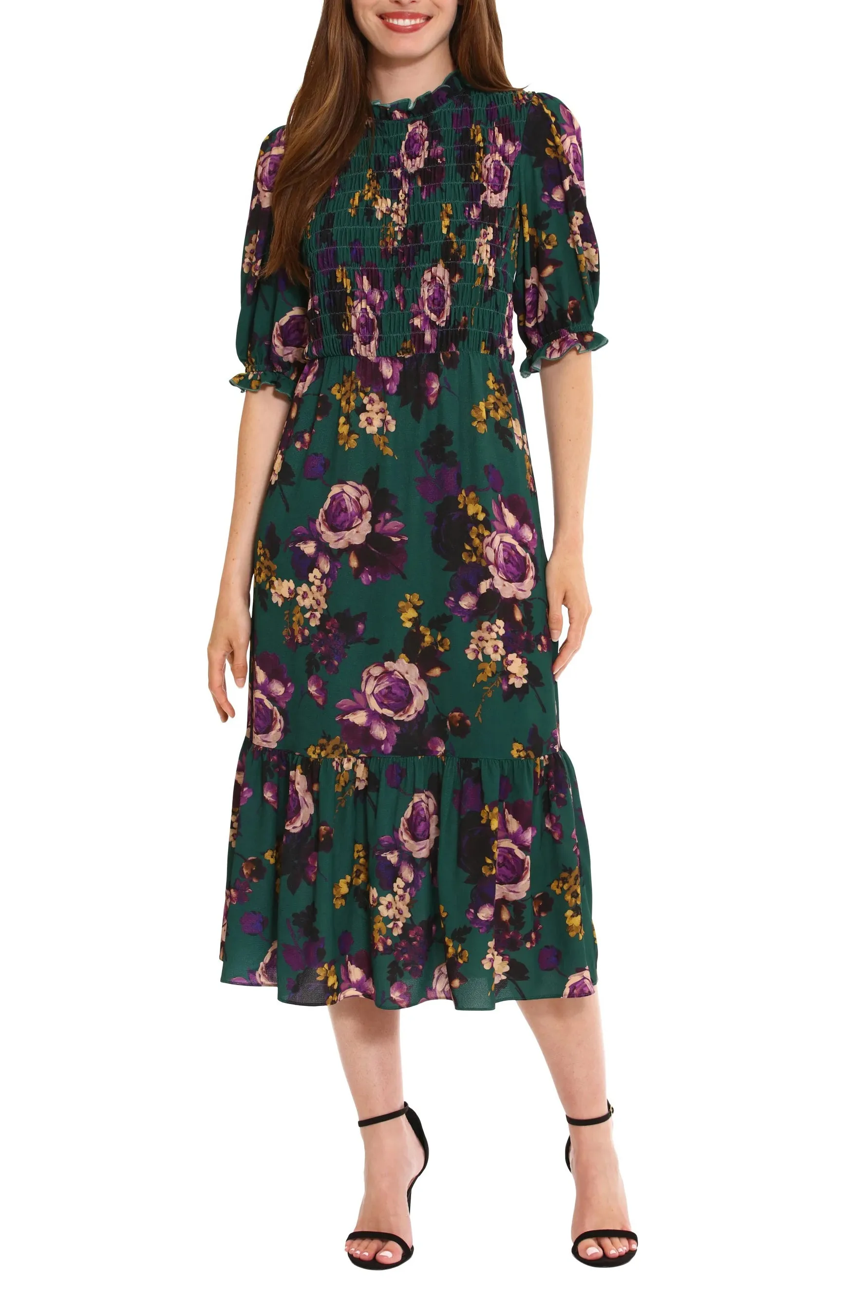 London Times mock neck elbow sleeve smocked bodice zipper closure printed bubble crepe dress